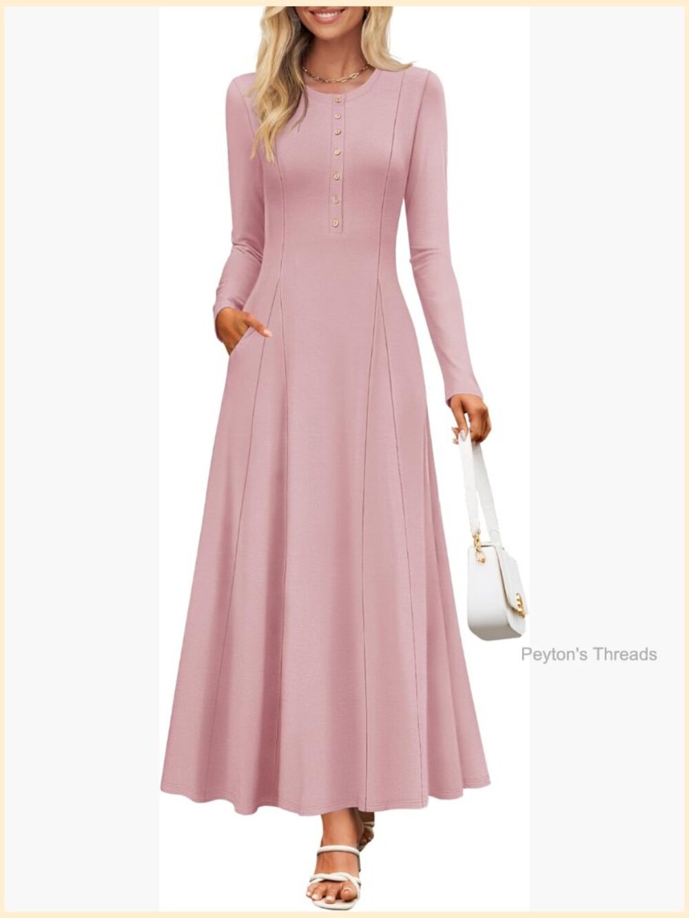 Elegant Maxi Dress with Pockets Long Sleeve Button V-Neck Flowy A-Line Casual